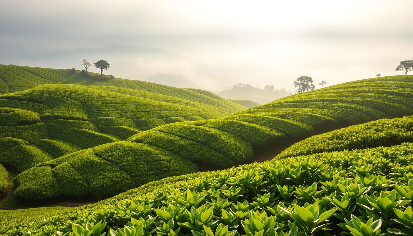 Sylhet tea gardens – rolling green hills covered in tea plants
